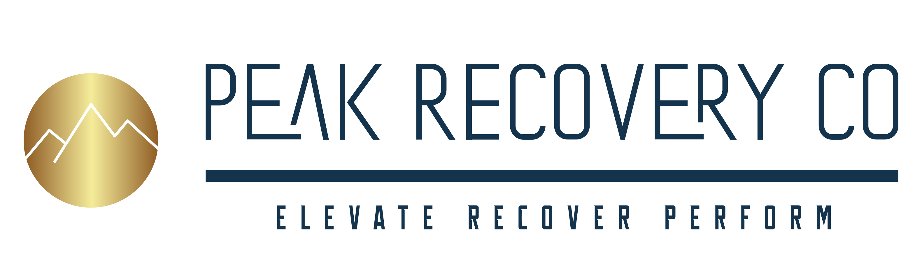 Logo of Peak Recovery Co with a mountain symbol and tagline 'Elevate Recover Perform'.