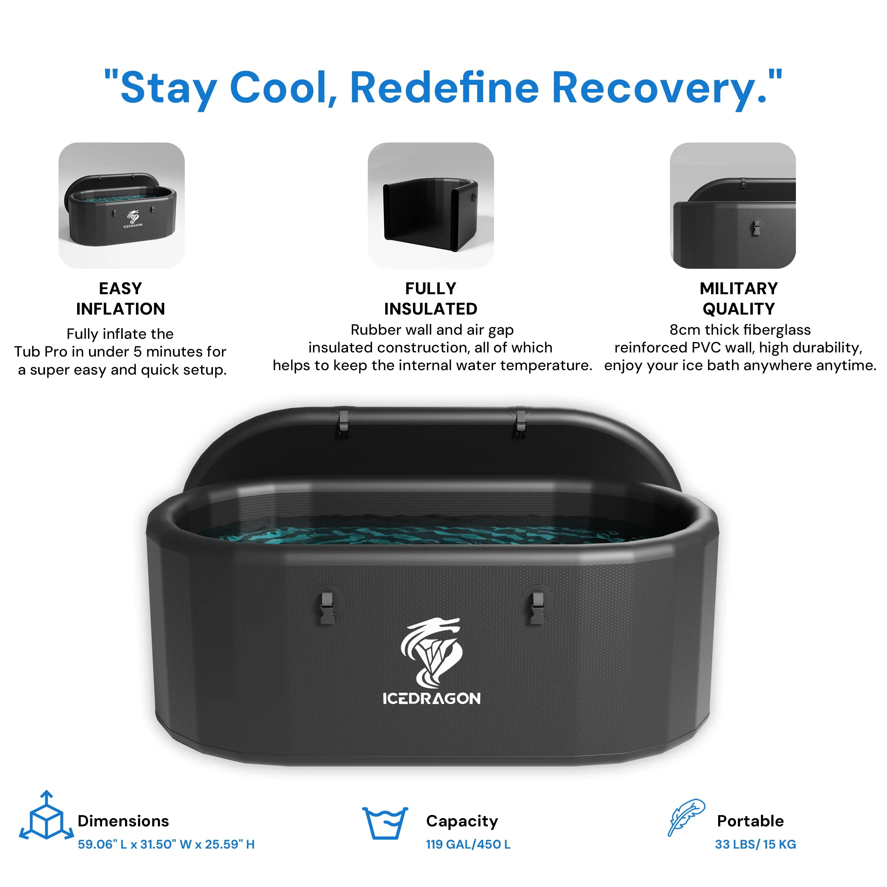 Icedragon Cold Plunge Tub Pro with 1.5HP Smart Water Chiller for muscle recovery and wellness - Peak Recovery Co.