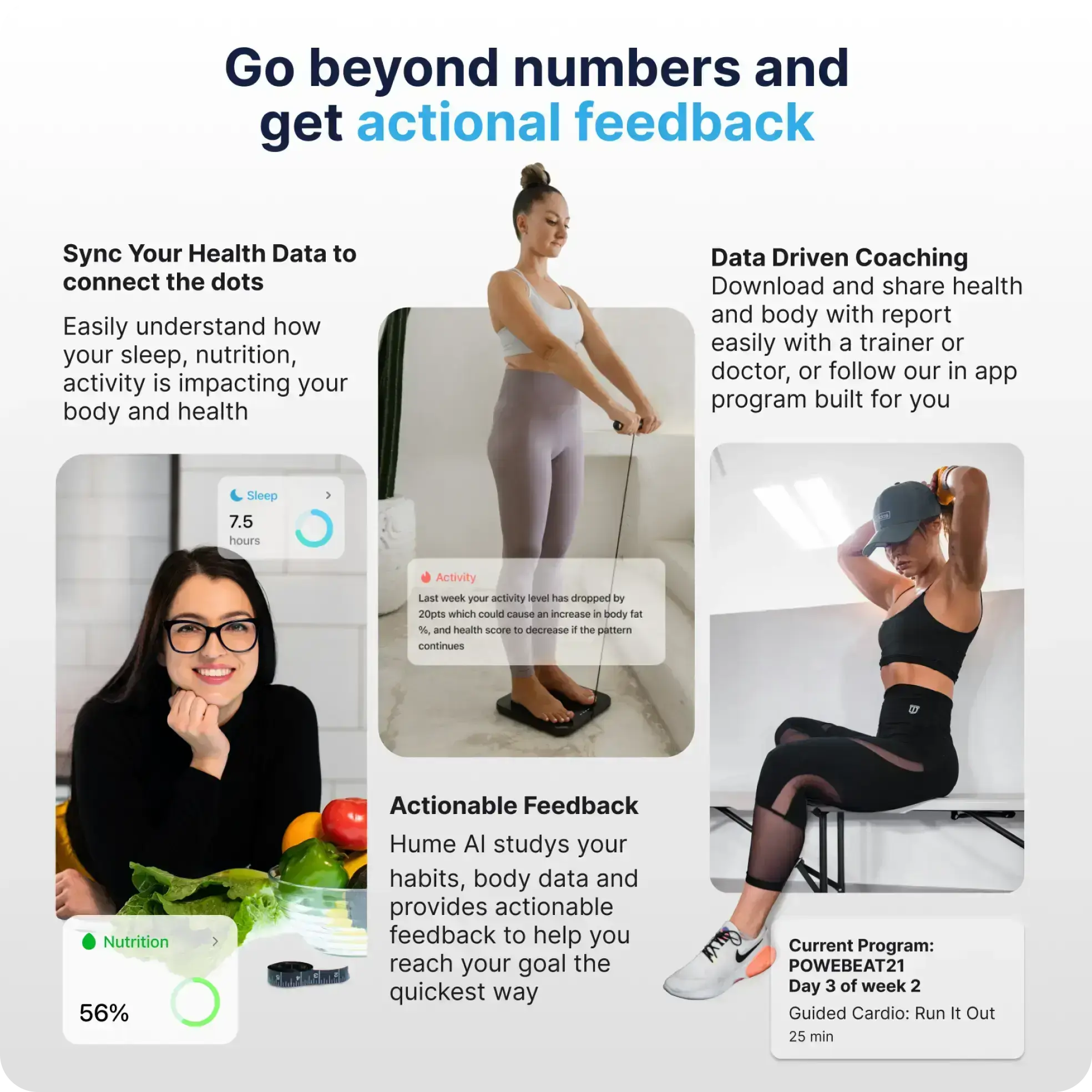 Health and fitness app interface with user data visualization and coaching features.