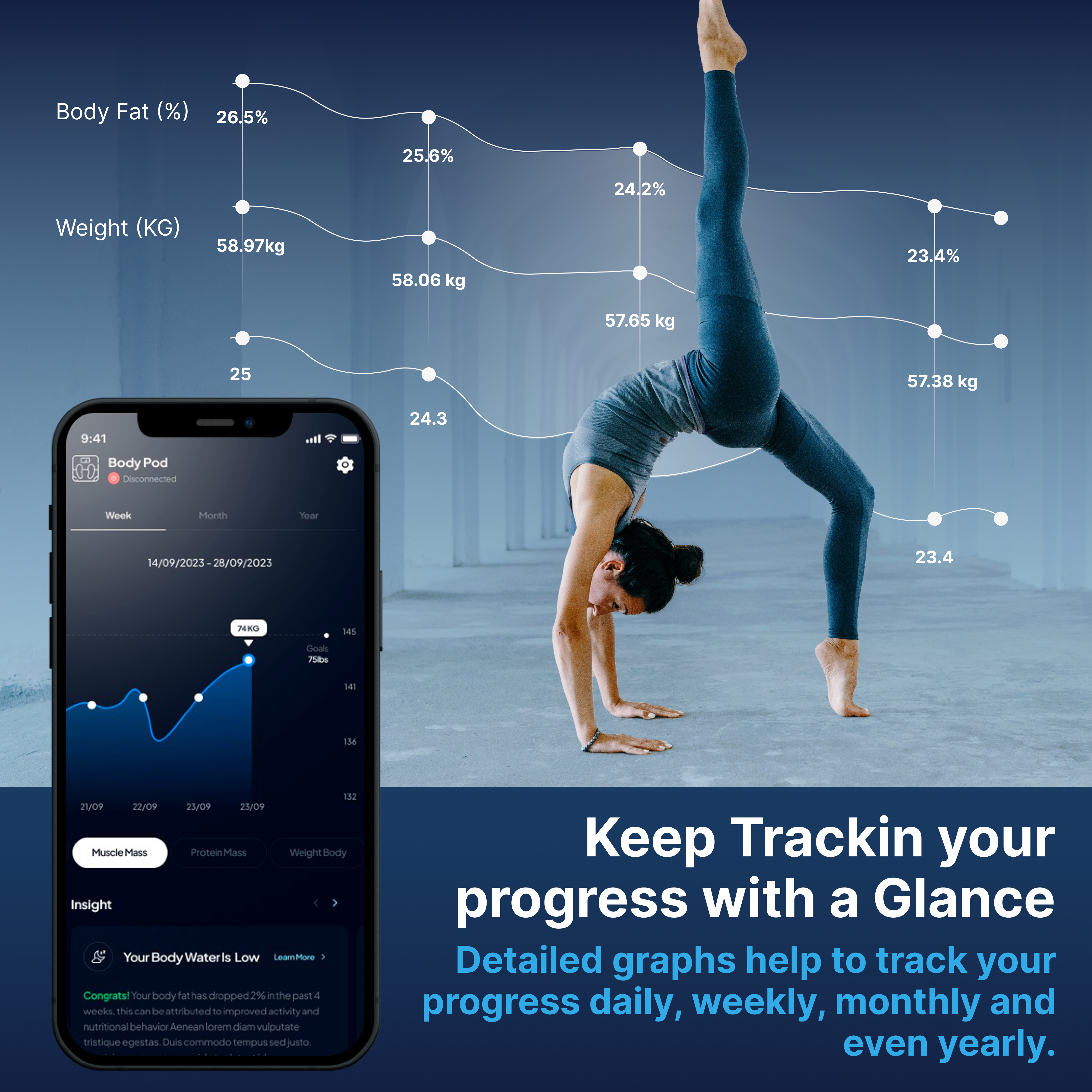 Person in a handstand with fitness tracking app on phone and graphs in the background