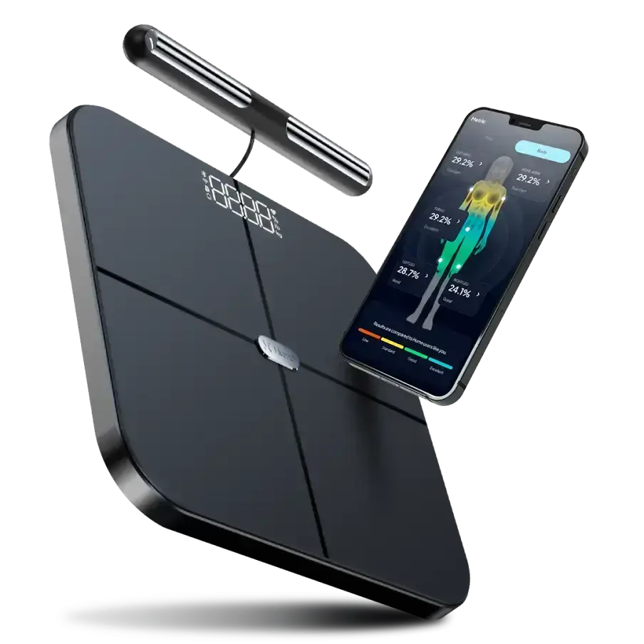 Smart weight scale with a smartphone displaying app on a white background