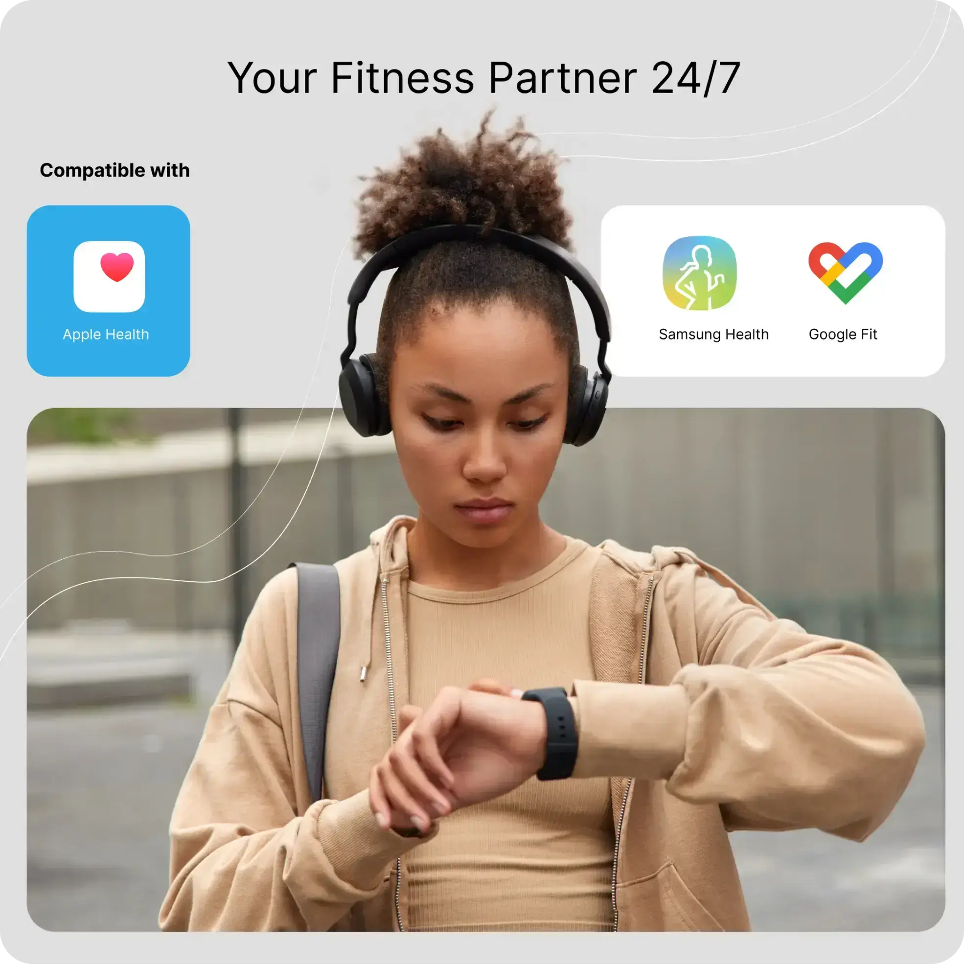 Woman wearing headphones and looking at a smartwatch with fitness app compatibility icons displayed.