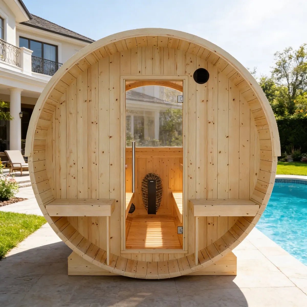 Helsinki Finnish Barrel Sauna with Terrace and WiFi Heater - Finnish Sauna Builders for muscle recovery and wellness - Peak Recovery Co.